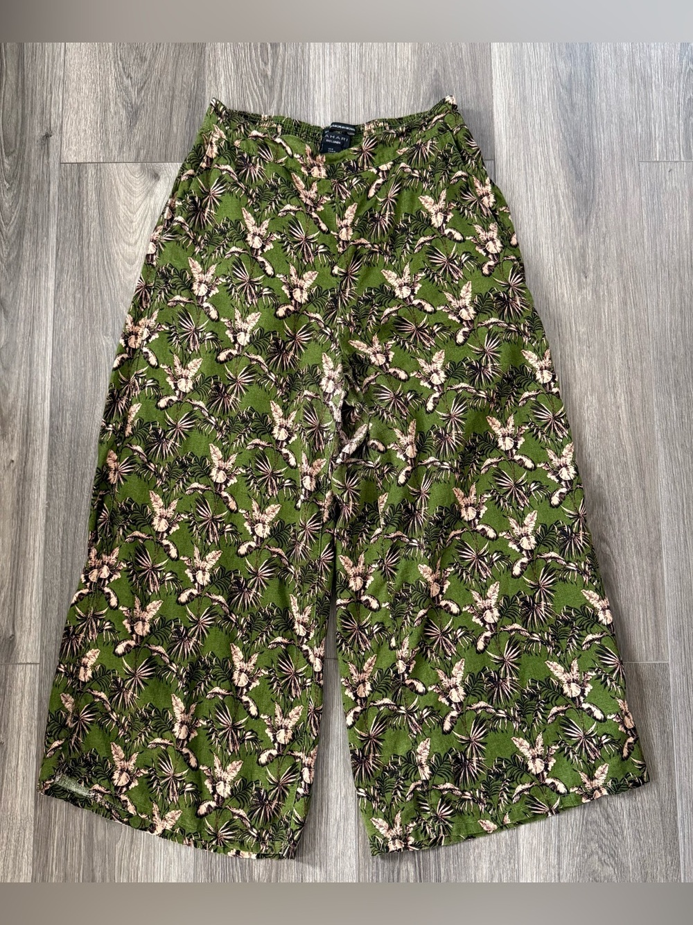 Tahari Olive Green Floral Print 100% Linen Wide Leg Cropped Pants Size Medium